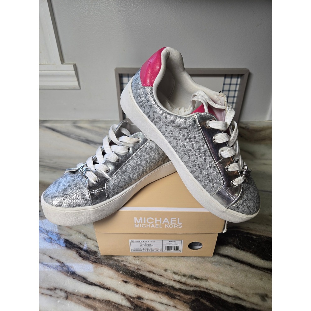 Michael Kors Jordana Airin Silver Pink Metallic Logo Sneakers MK100918C Size‎ 3Y